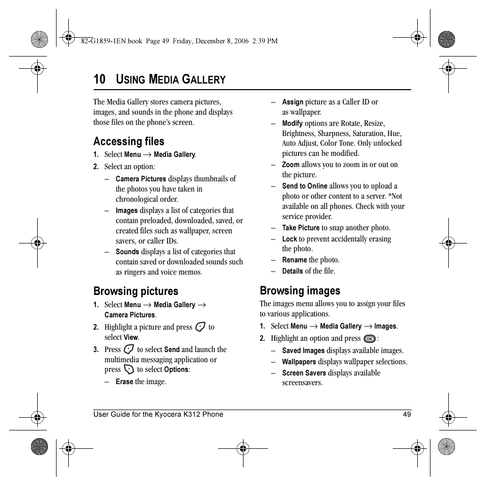 10 u, Accessing files, Browsing pictures | Browsing images, Sing, Edia, Allery | Kyocera K312 User Manual | Page 55 / 72