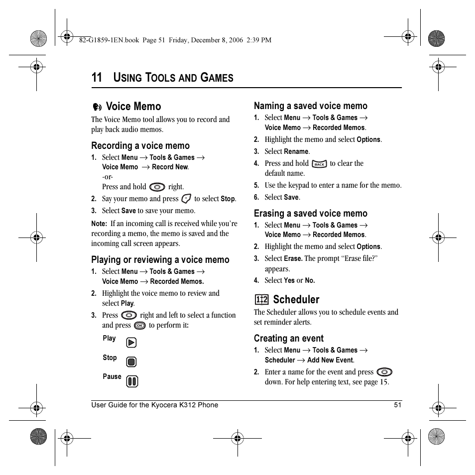 11 u, Scheduler, Sing | Ools, Ames | Kyocera K312 User Manual | Page 57 / 72