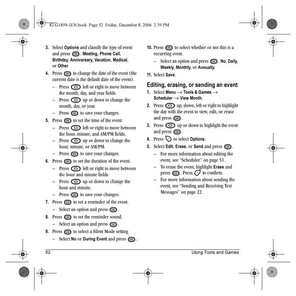 Editing, erasing, or sending an event | Kyocera K312 User Manual | Page 58 / 72