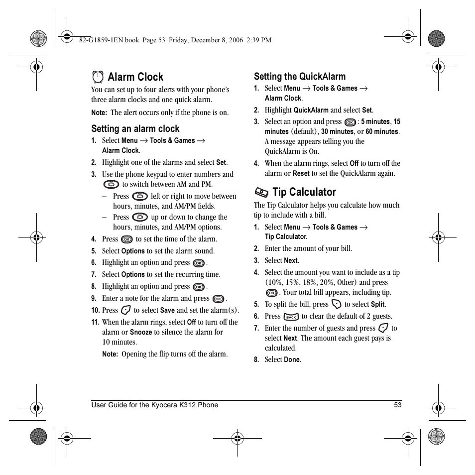 Alarm clock, Tip calculator, Setting an alarm clock | Setting the quickalarm | Kyocera K312 User Manual | Page 59 / 72