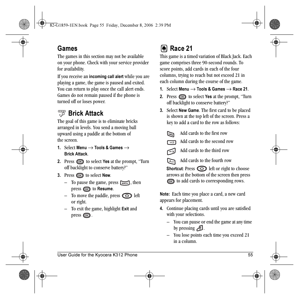 Games, Brick attack, Race 21 | Kyocera K312 User Manual | Page 61 / 72