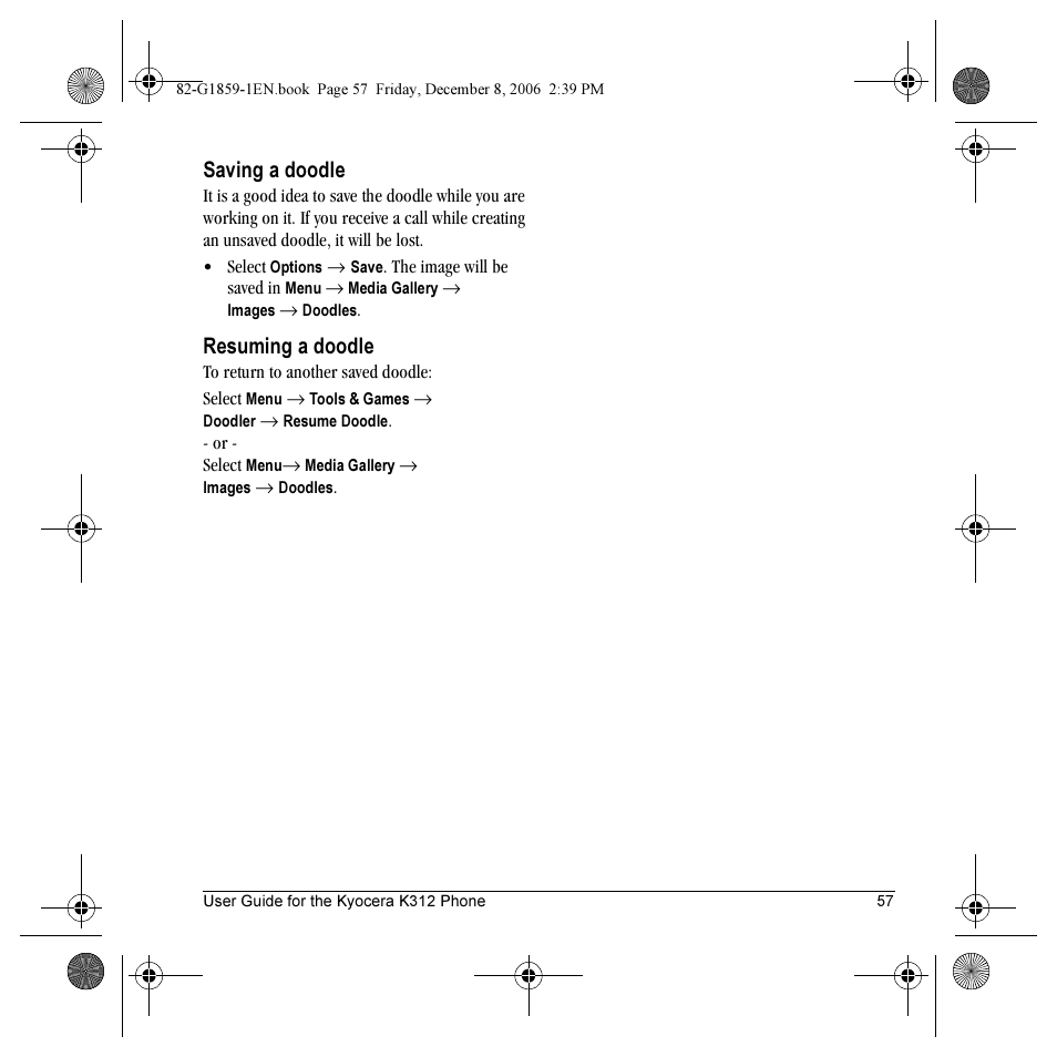 Saving a doodle, Resuming a doodle | Kyocera K312 User Manual | Page 63 / 72