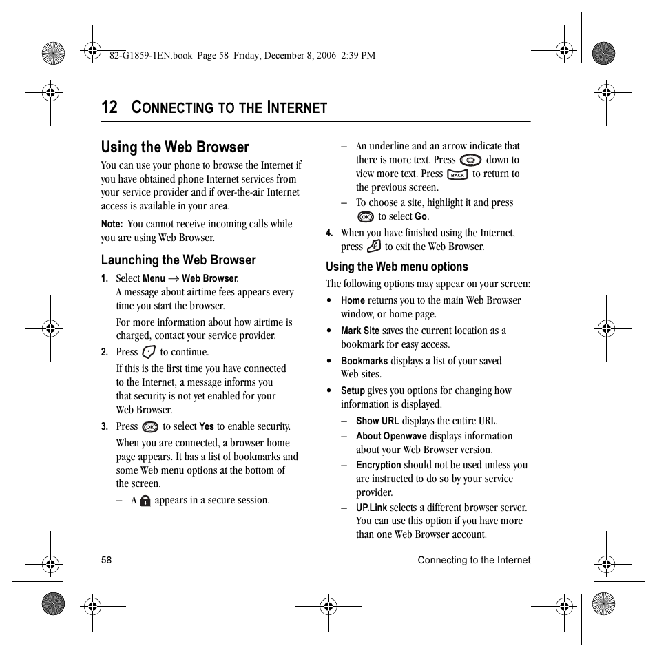 12 c, Using the web browser, Onnecting | Nternet | Kyocera K312 User Manual | Page 64 / 72