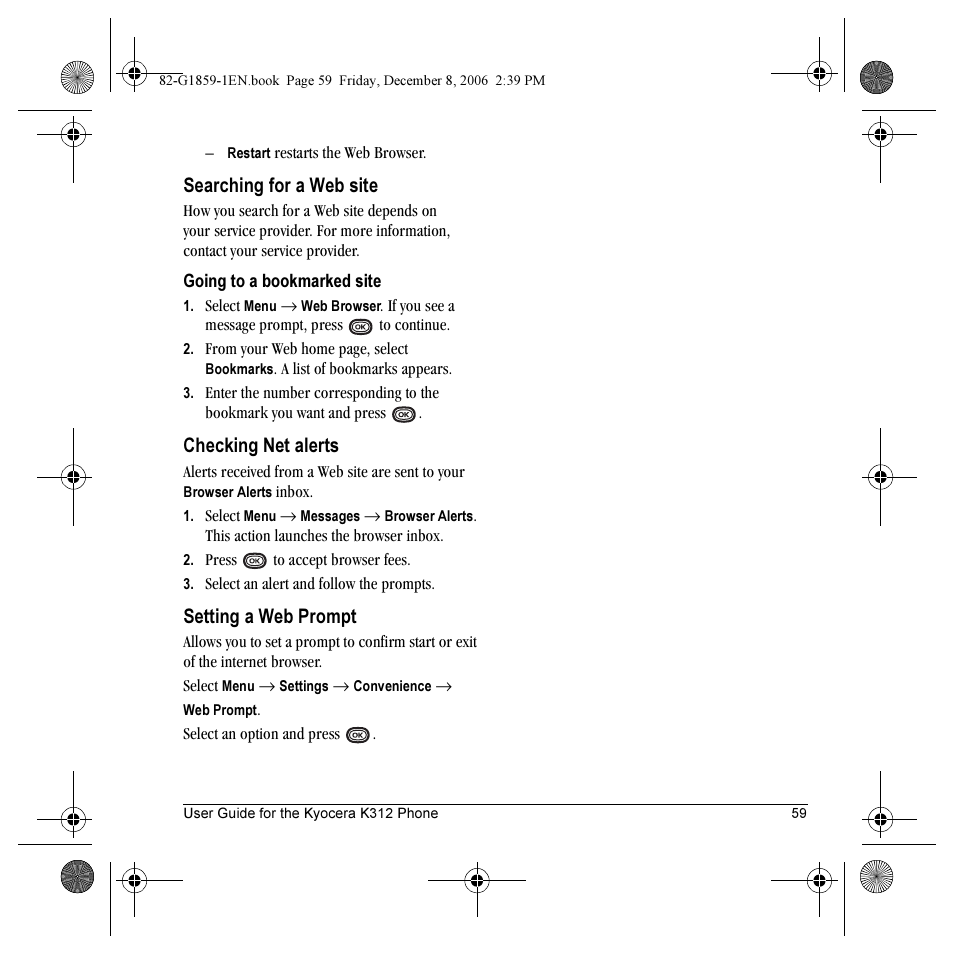 Searching for a web site, Checking net alerts, Setting a web prompt | Kyocera K312 User Manual | Page 65 / 72