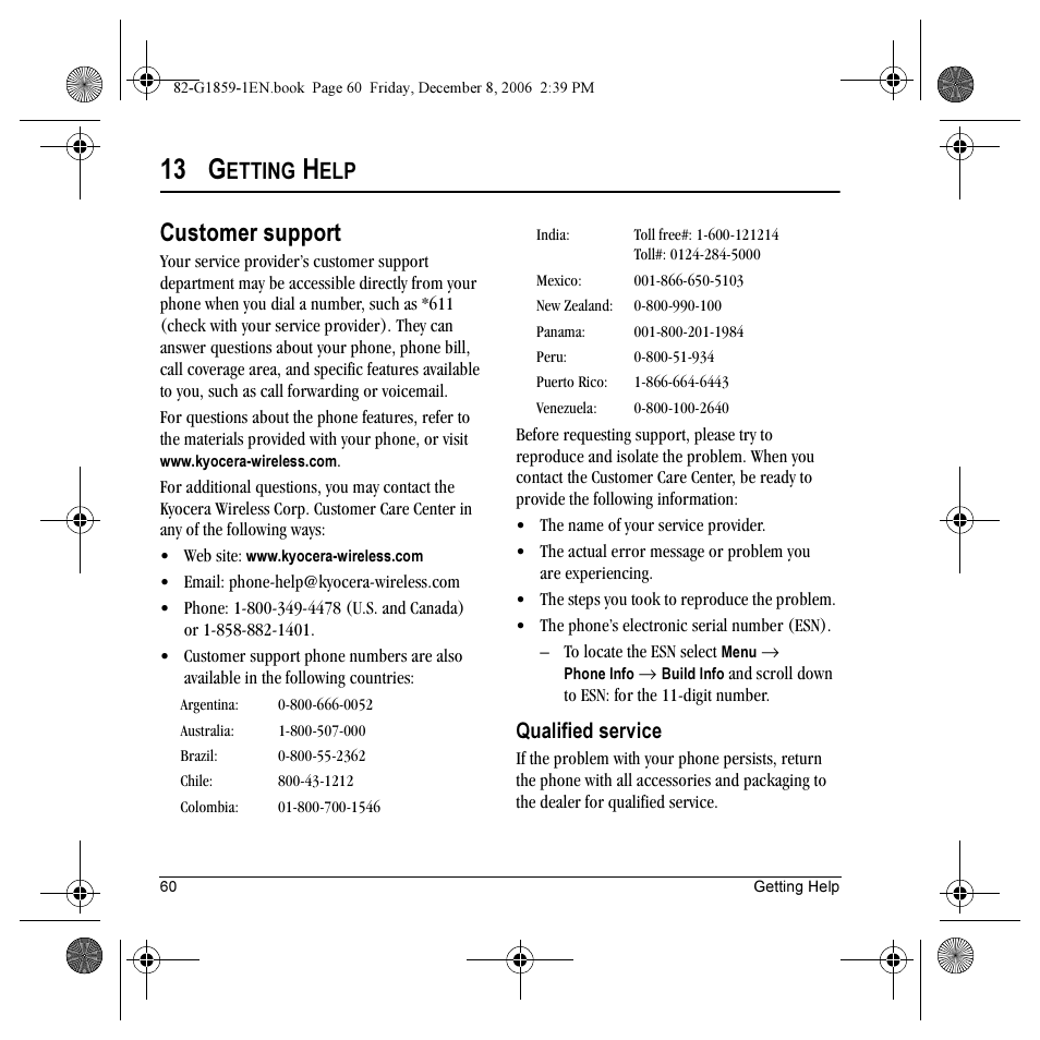 13 g, Customer support, Etting | Qualified service | Kyocera K312 User Manual | Page 66 / 72