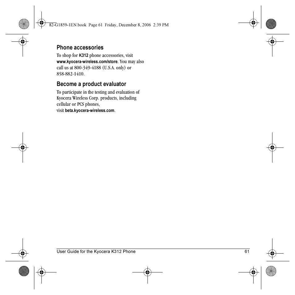 Phone accessories, Become a product evaluator | Kyocera K312 User Manual | Page 67 / 72