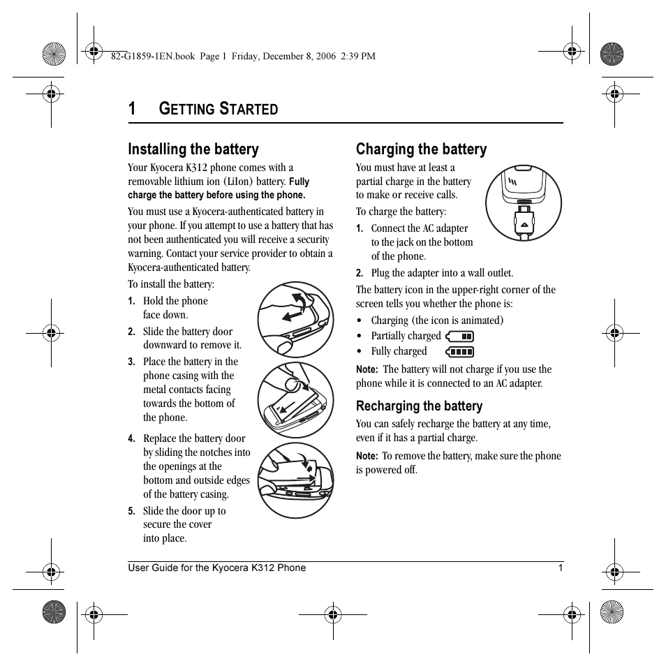 Installing the battery, Charging the battery, Etting | Tarted | Kyocera K312 User Manual | Page 7 / 72