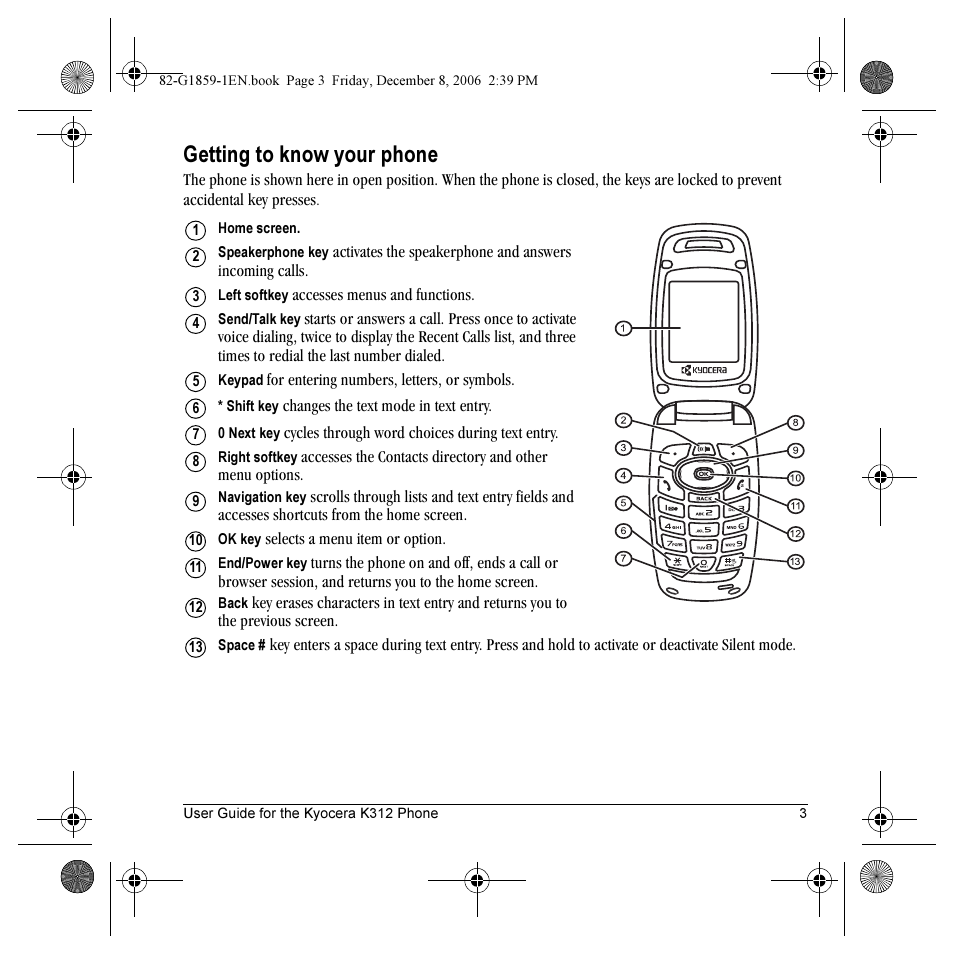 Getting to know your phone | Kyocera K312 User Manual | Page 9 / 72