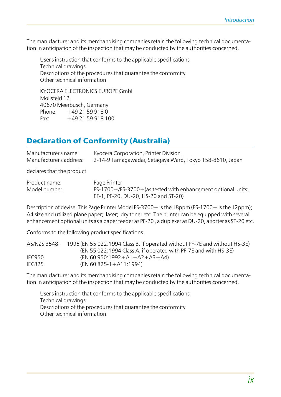 Declaration of conformity (australia) | Kyocera FS-1700 User Manual | Page 10 / 154