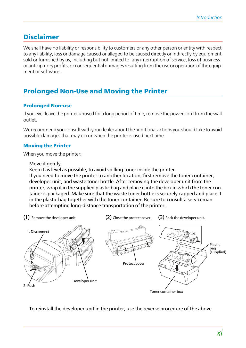 Disclaimer, Prolonged non-use and moving the printer | Kyocera FS-1700 User Manual | Page 12 / 154