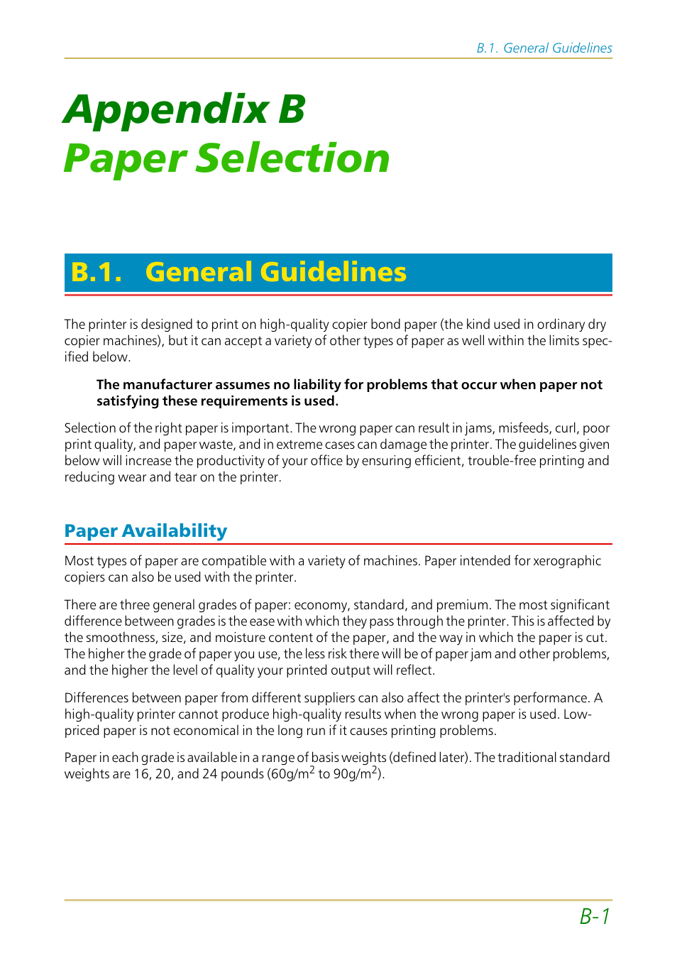 B.1. general guidelines, Paper availability, Appendix b | Paper selection, In appendix b . a, Appendix b paper selection | Kyocera FS-1700 User Manual | Page 130 / 154