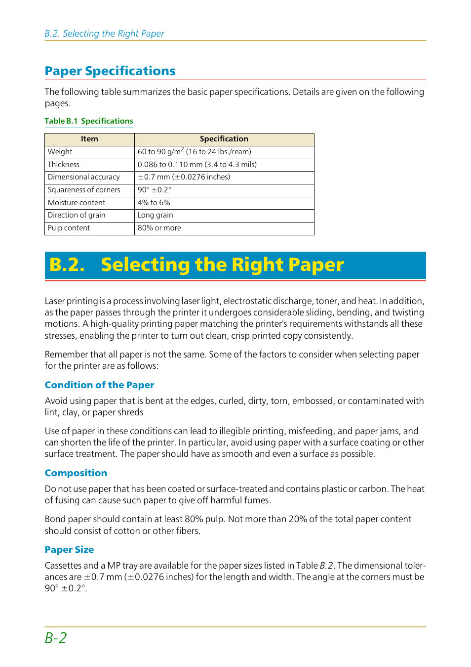 Paper specifications, B.2. selecting the right paper | Kyocera FS-1700 User Manual | Page 131 / 154