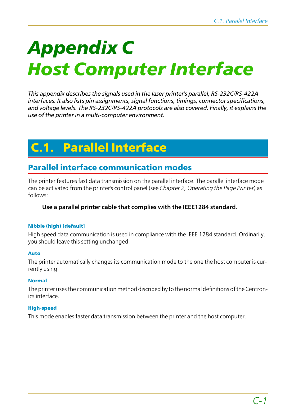 C.1. parallel interface, Parallel interface communication modes, Appendix c | Host computer interface, Appendix c host computer interface | Kyocera FS-1700 User Manual | Page 137 / 154