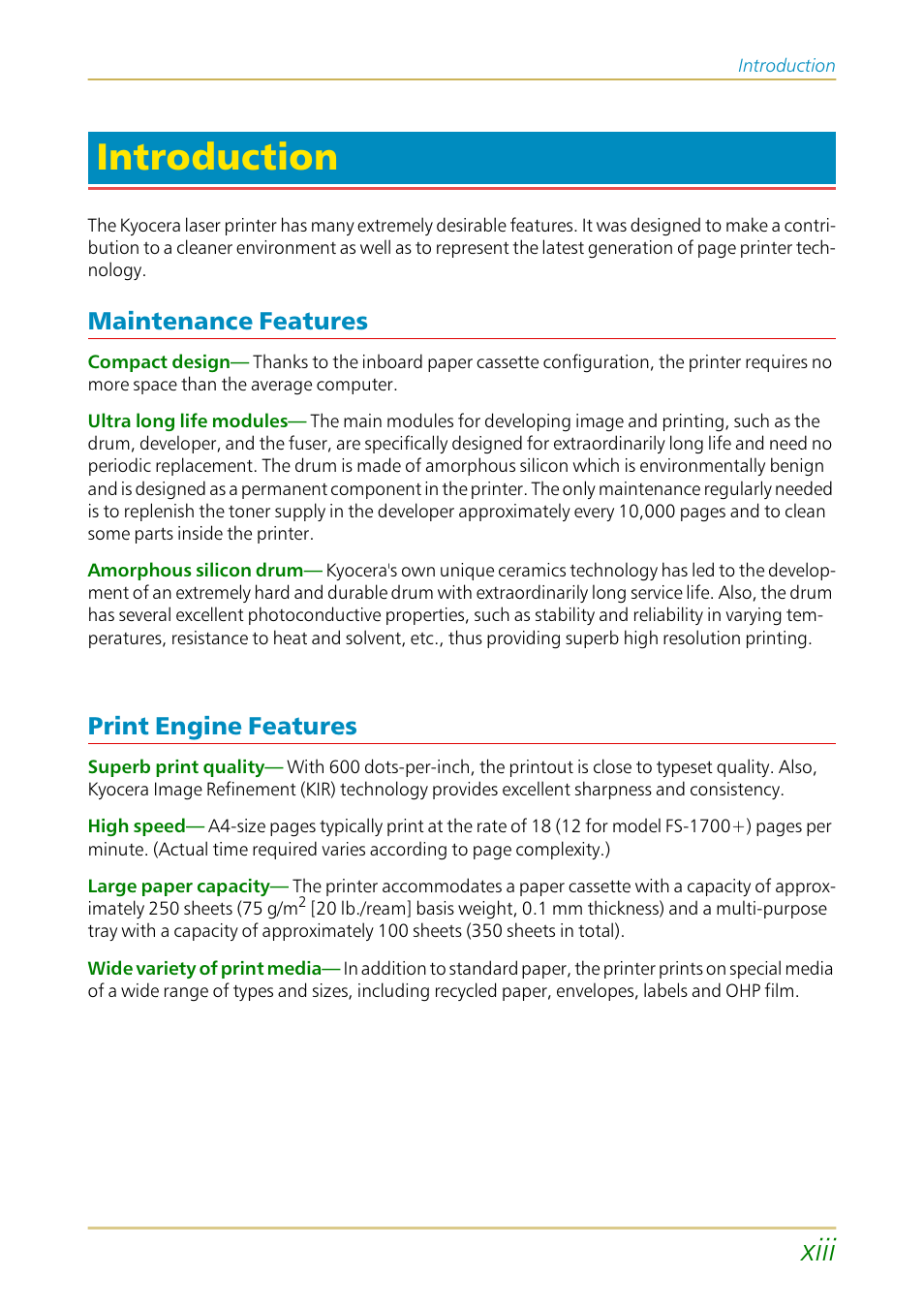 Introduction, Xiii, Maintenance features | Print engine features | Kyocera FS-1700 User Manual | Page 14 / 154