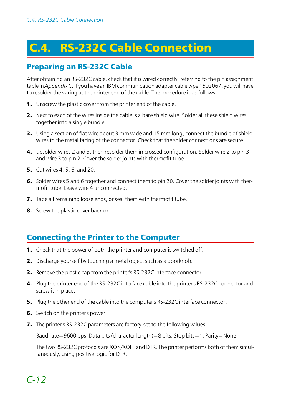 C.4. rs-232c cable connection, Preparing an rs-232c cable, Connecting the printer to the computer | C—12, C-12 | Kyocera FS-1700 User Manual | Page 148 / 154