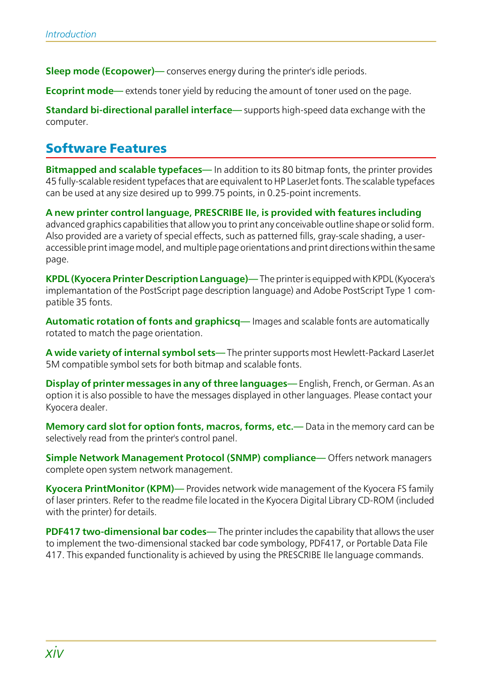 Software features | Kyocera FS-1700 User Manual | Page 15 / 154