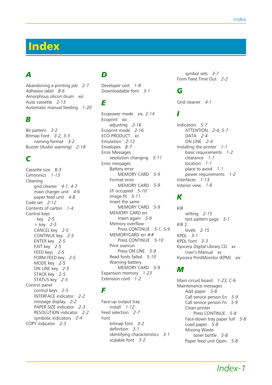 Index, Index—1, Index-1 | Kyocera FS-1700 User Manual | Page 150 / 154