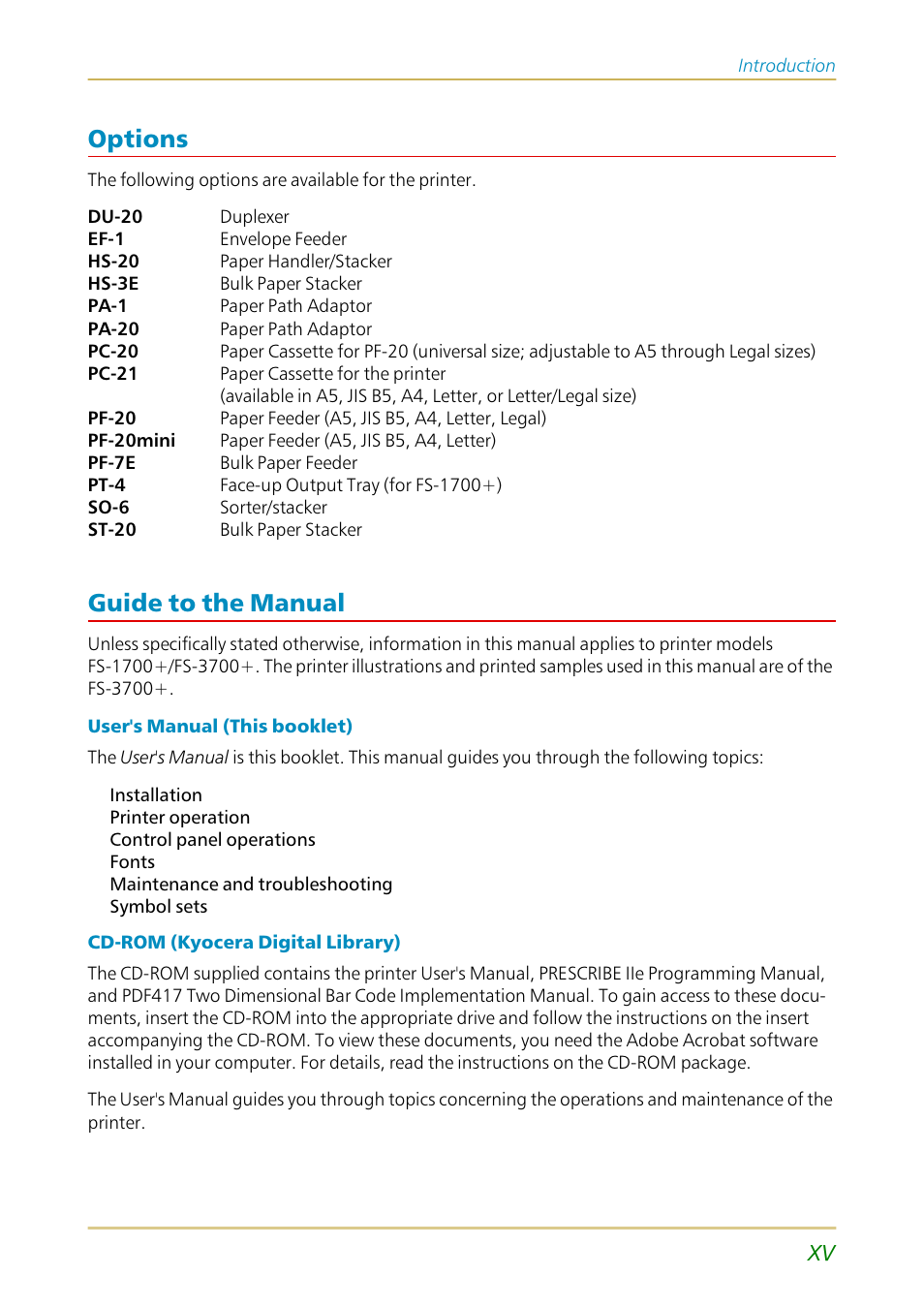 Options, Guide to the manual | Kyocera FS-1700 User Manual | Page 16 / 154