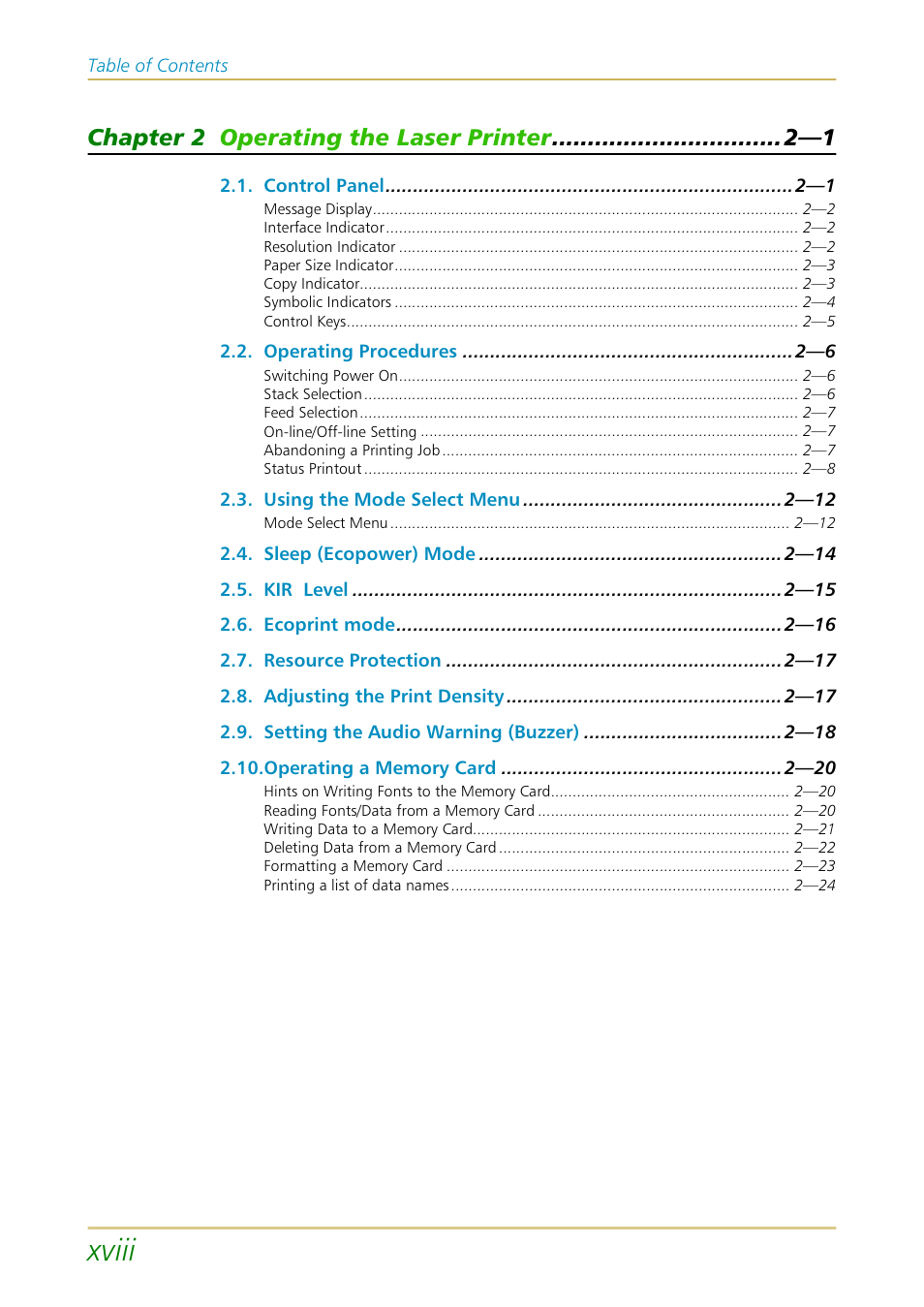 Xviii, Chapter 2 operating the laser printer —1 | Kyocera FS-1700 User Manual | Page 19 / 154