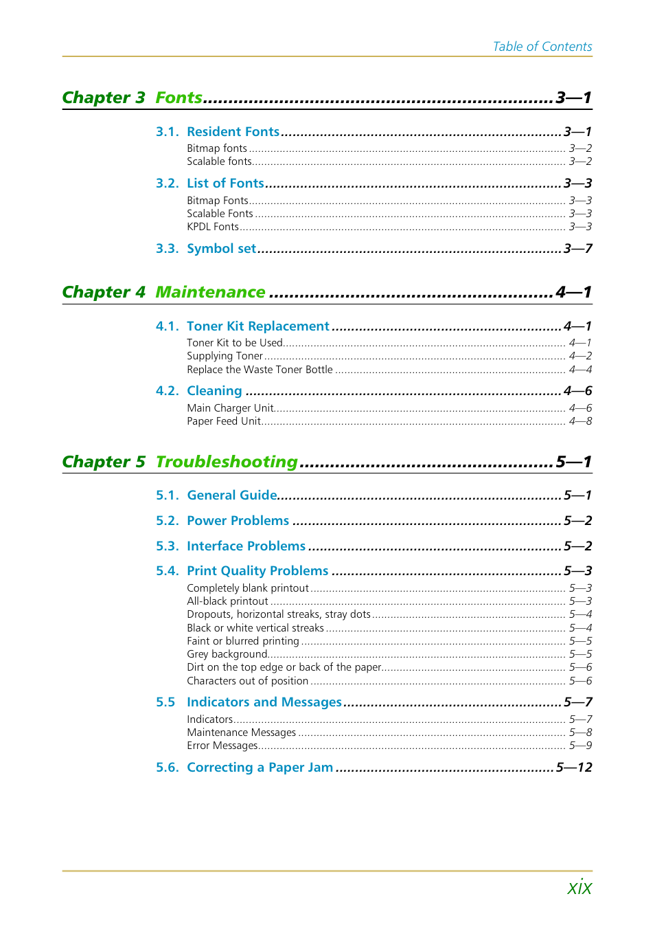 Chapter 3 fonts —1, Chapter 4 maintenance —1, Chapter 5 troubleshooting —1 | Kyocera FS-1700 User Manual | Page 20 / 154