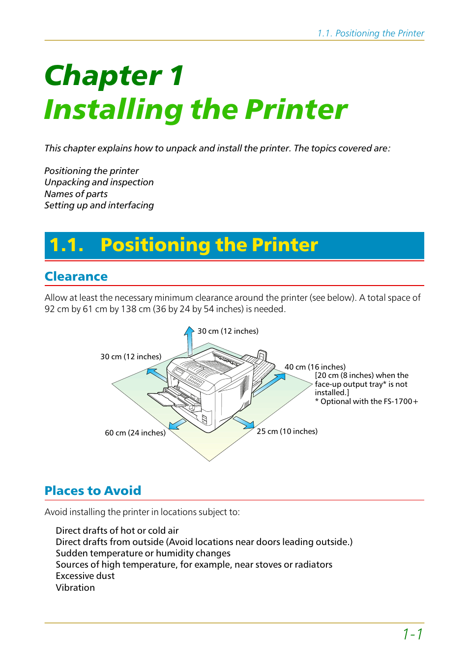 Positioning the printer, Clearance, Places to avoid | Chapter 1, Installing the printer, Clearance —1 places to avoid —1, Chapter 1 installing the printer | Kyocera FS-1700 User Manual | Page 22 / 154