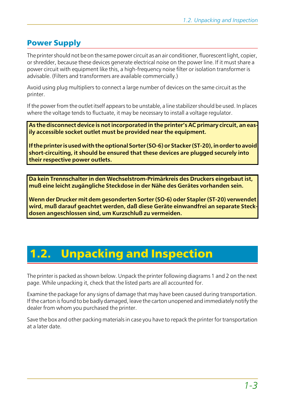 Power supply, Unpacking and inspection, Power supply —3 | Kyocera FS-1700 User Manual | Page 24 / 154