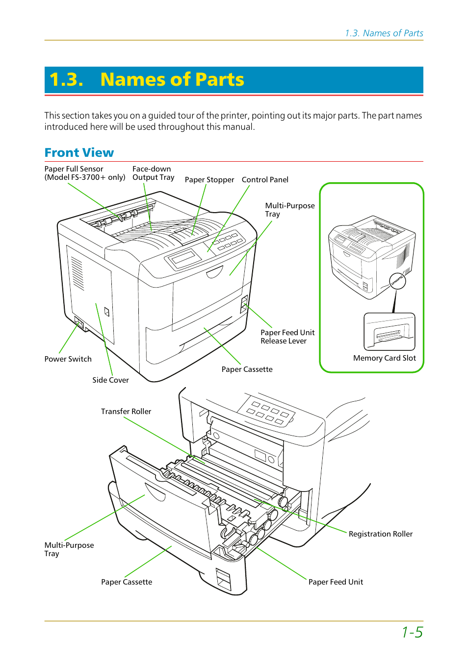 Names of parts, Front view, Front view —5 | Kyocera FS-1700 User Manual | Page 26 / 154