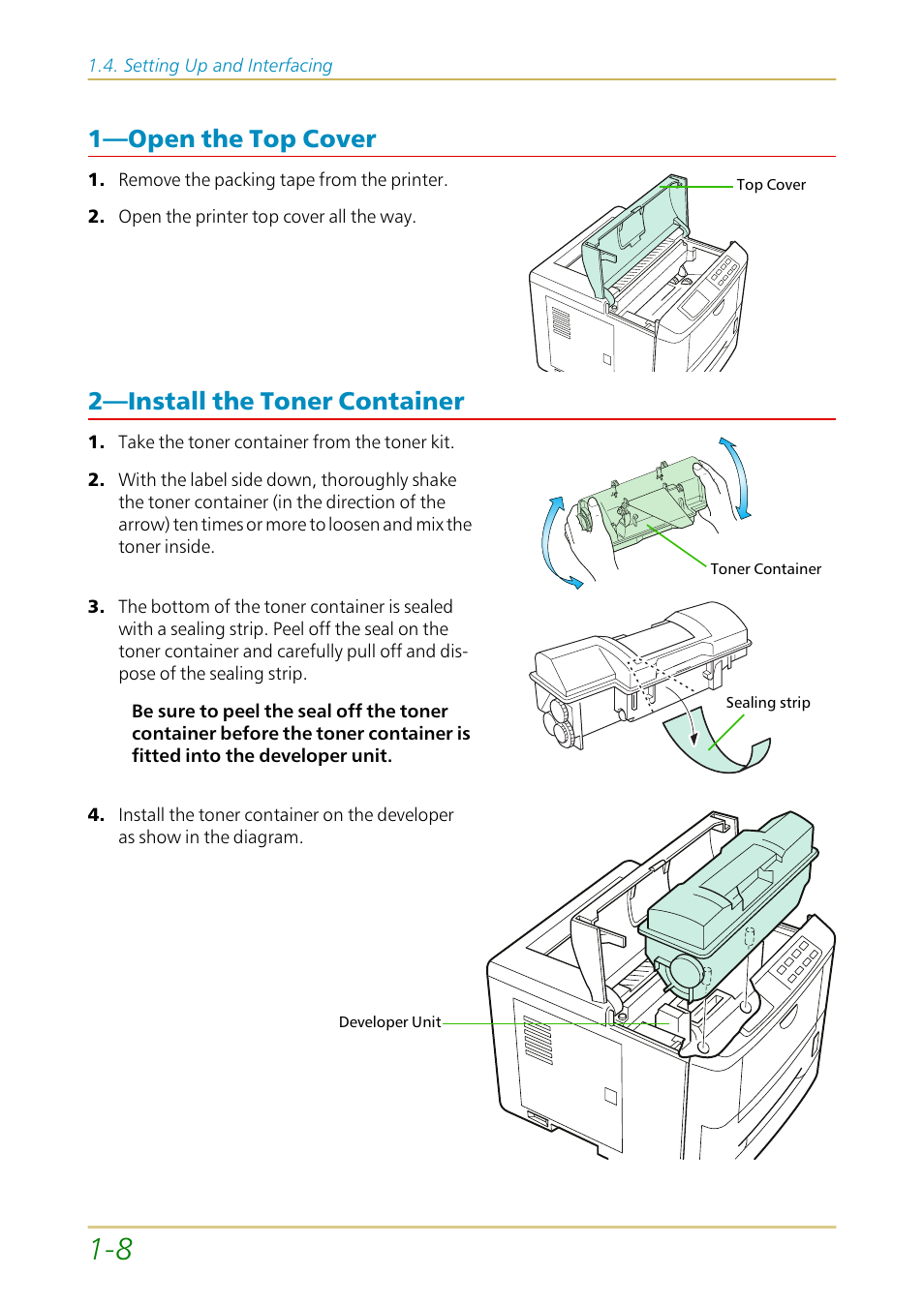 Open the top cover, Install the toner container, 1—open the top cover | 2—install the toner container | Kyocera FS-1700 User Manual | Page 29 / 154
