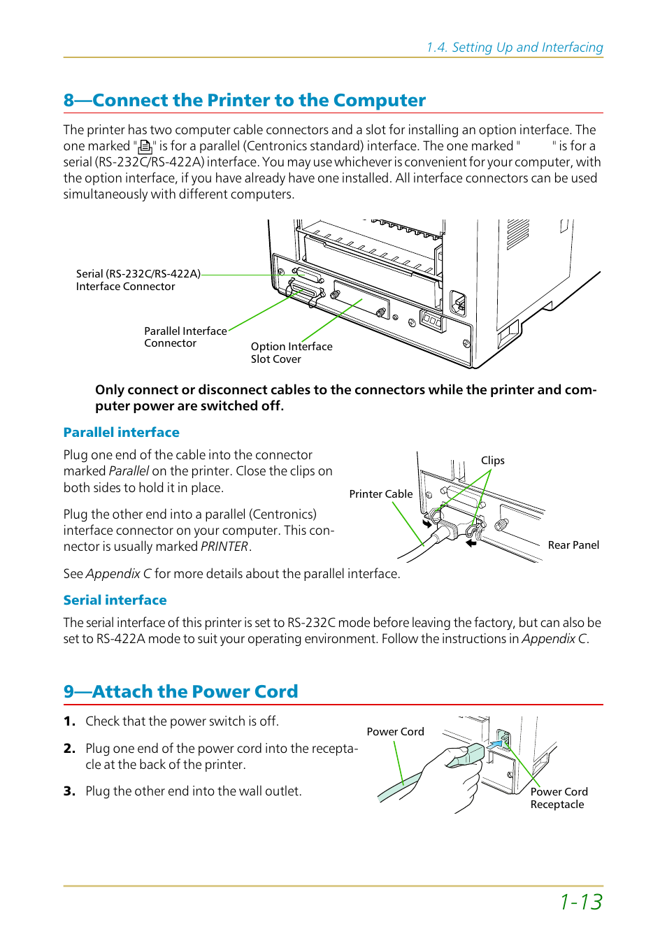 Connect the printer to the computer, Attach the power cord, 8—connect the printer to the computer | 9—attach the power cord | Kyocera FS-1700 User Manual | Page 34 / 154