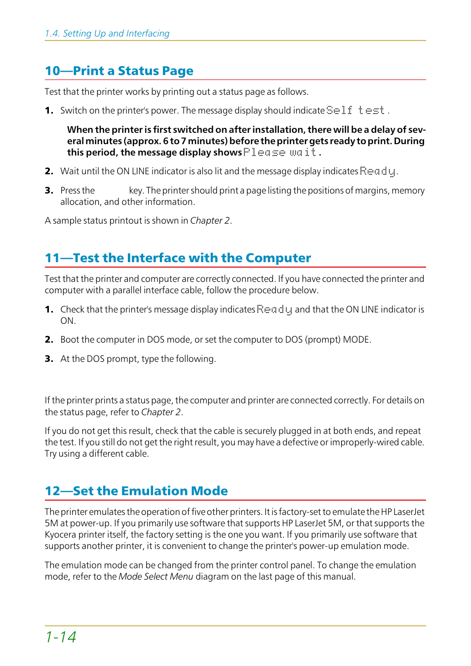 Test the interface with the computer, Set the emulation mode, 10—print a status page | 11—test the interface with the computer, 12—set the emulation mode | Kyocera FS-1700 User Manual | Page 35 / 154