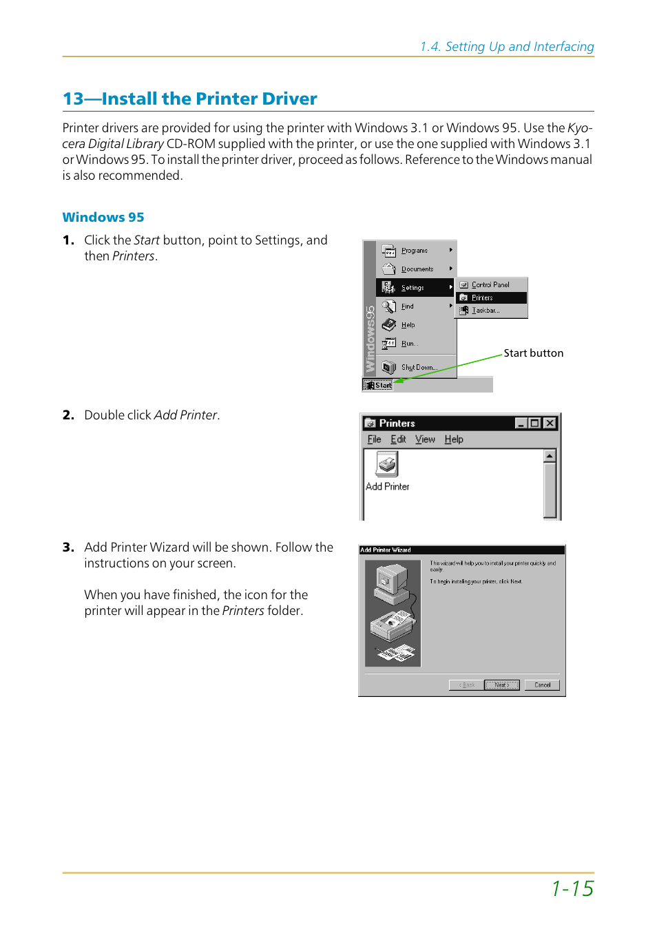 Install the printer driver, 13—install the printer driver —15, 13—install the printer driver | Kyocera FS-1700 User Manual | Page 36 / 154
