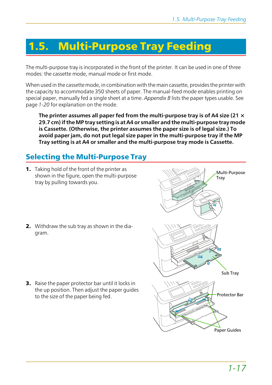 Multi-purpose tray feeding, Selecting the multi-purpose tray, Selecting the multi-purpose tray —17 | Kyocera FS-1700 User Manual | Page 38 / 154