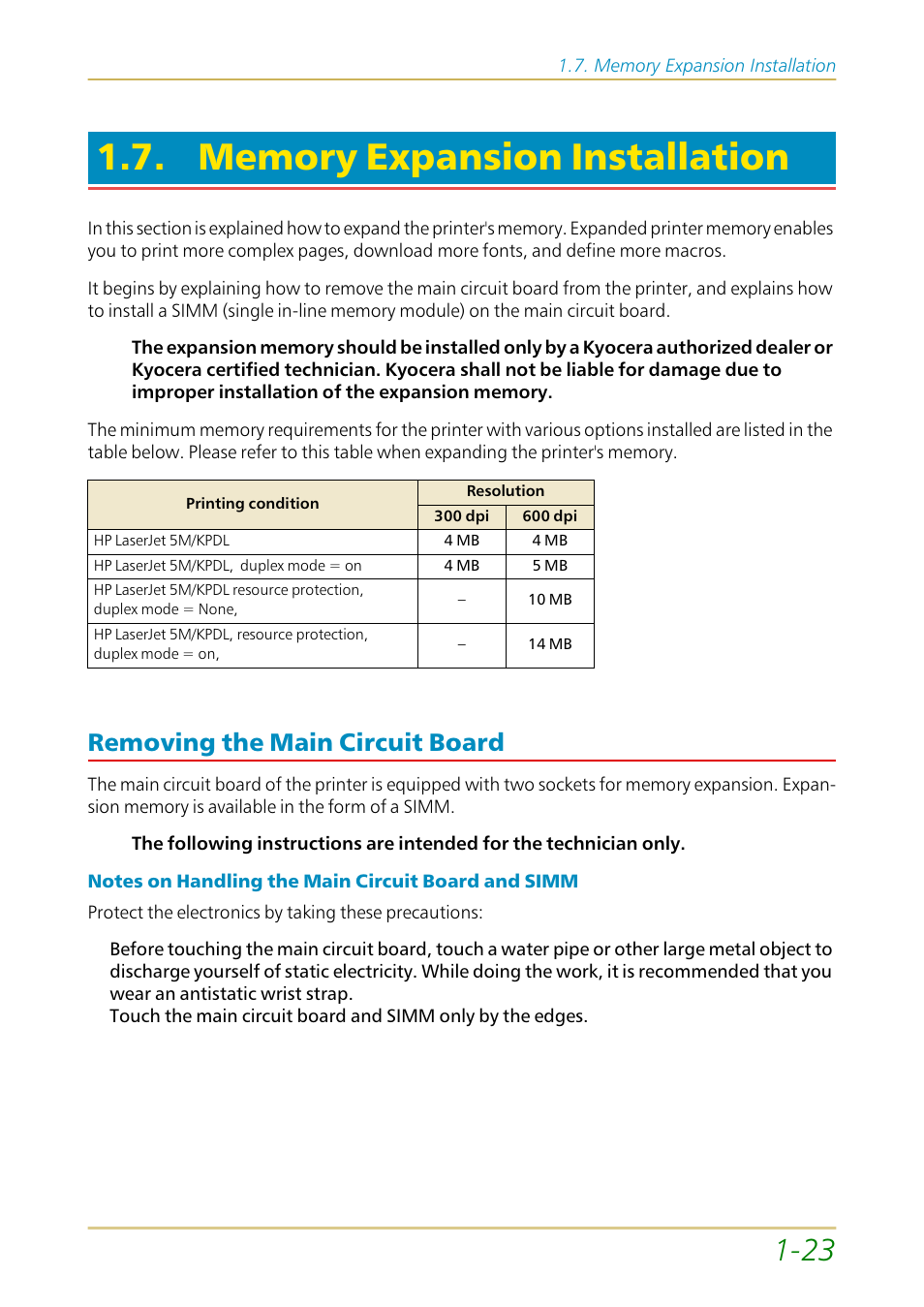 Memory expansion installation, Removing the main circuit board, Removing the main circuit board —23 | Kyocera FS-1700 User Manual | Page 44 / 154