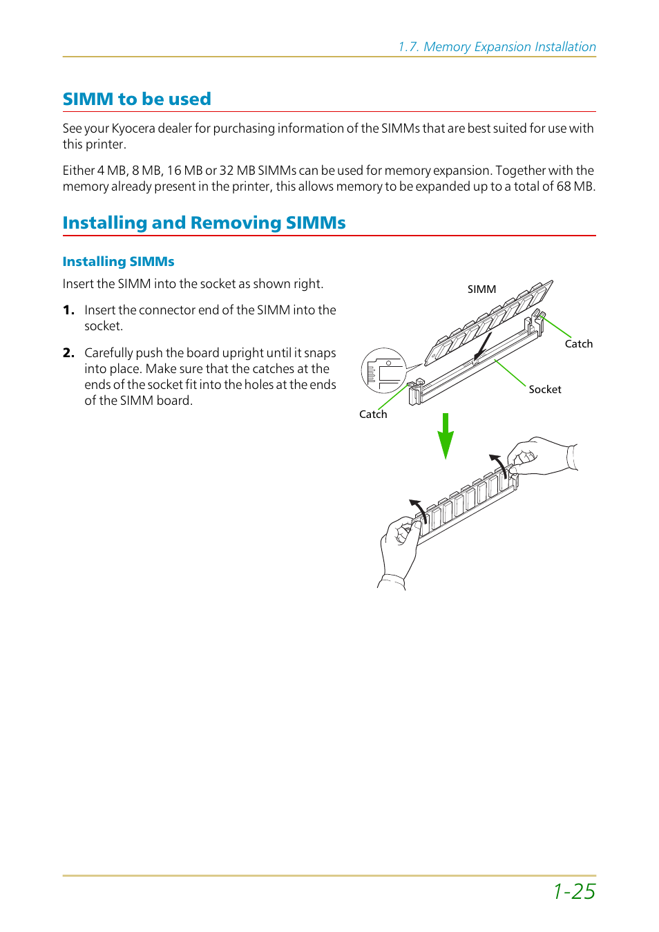 Simm to be used, Installing and removing simms | Kyocera FS-1700 User Manual | Page 46 / 154