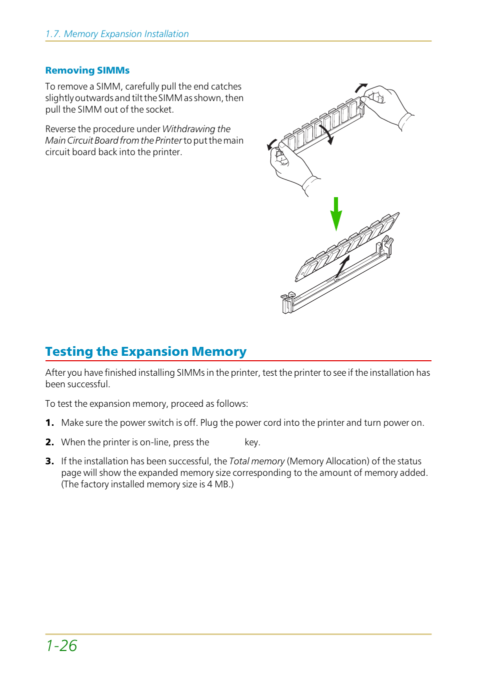 Testing the expansion memory, Testing the expansion memory —26 | Kyocera FS-1700 User Manual | Page 47 / 154