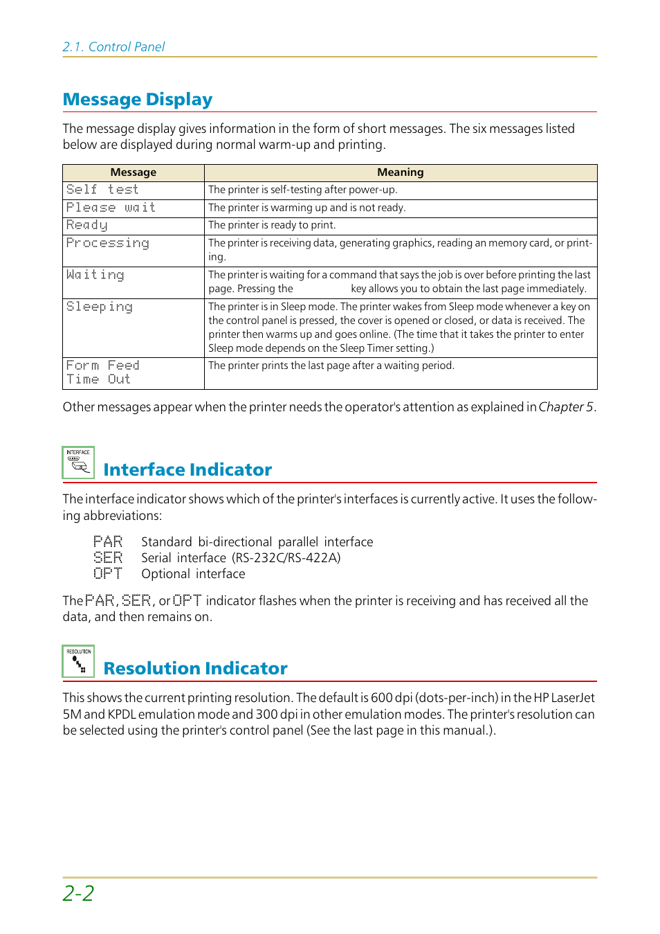 Message display, Interface indicator, Resolution indicator | Copy indicator, Paper size indicator | Kyocera FS-1700 User Manual | Page 49 / 154