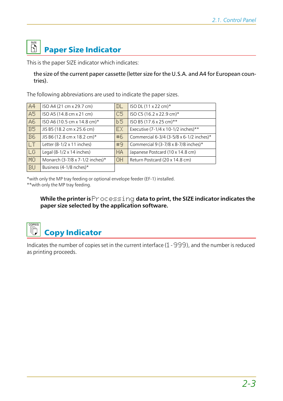 Paper size indicator, Copy indicator, Paper size indicator —3 copy indicator —3 | Kyocera FS-1700 User Manual | Page 50 / 154