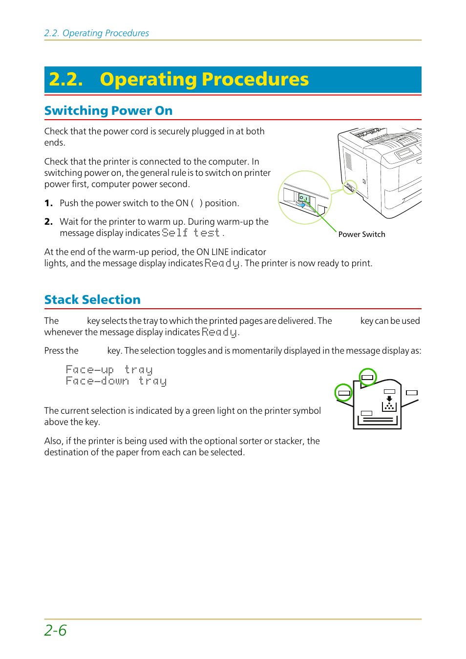 Operating procedures, Switching power on, Stack selection | Switching power on —6 stack selection —6 | Kyocera FS-1700 User Manual | Page 53 / 154