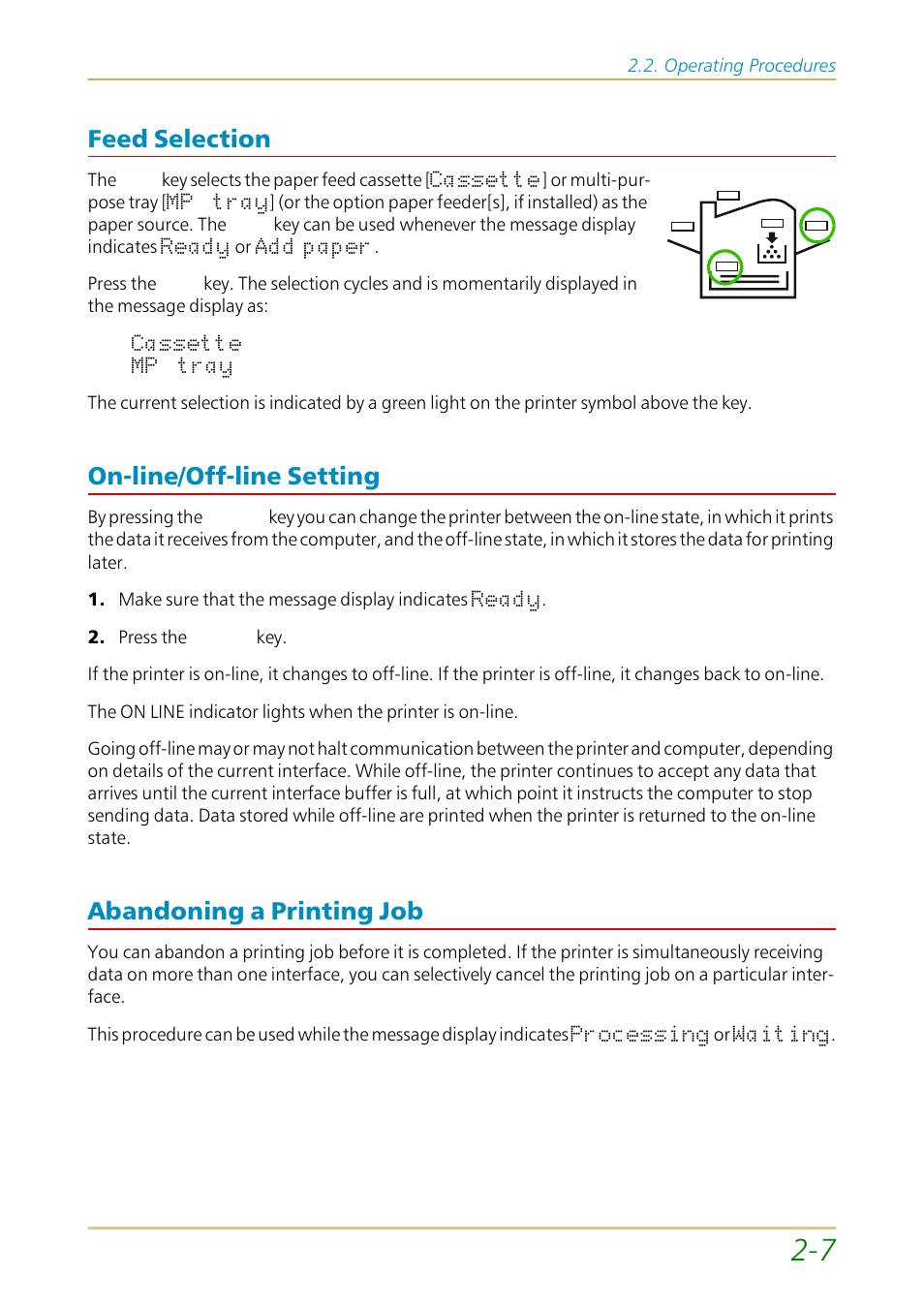 Feed selection, On-line/off-line setting, Abandoning a printing job | Kyocera FS-1700 User Manual | Page 54 / 154