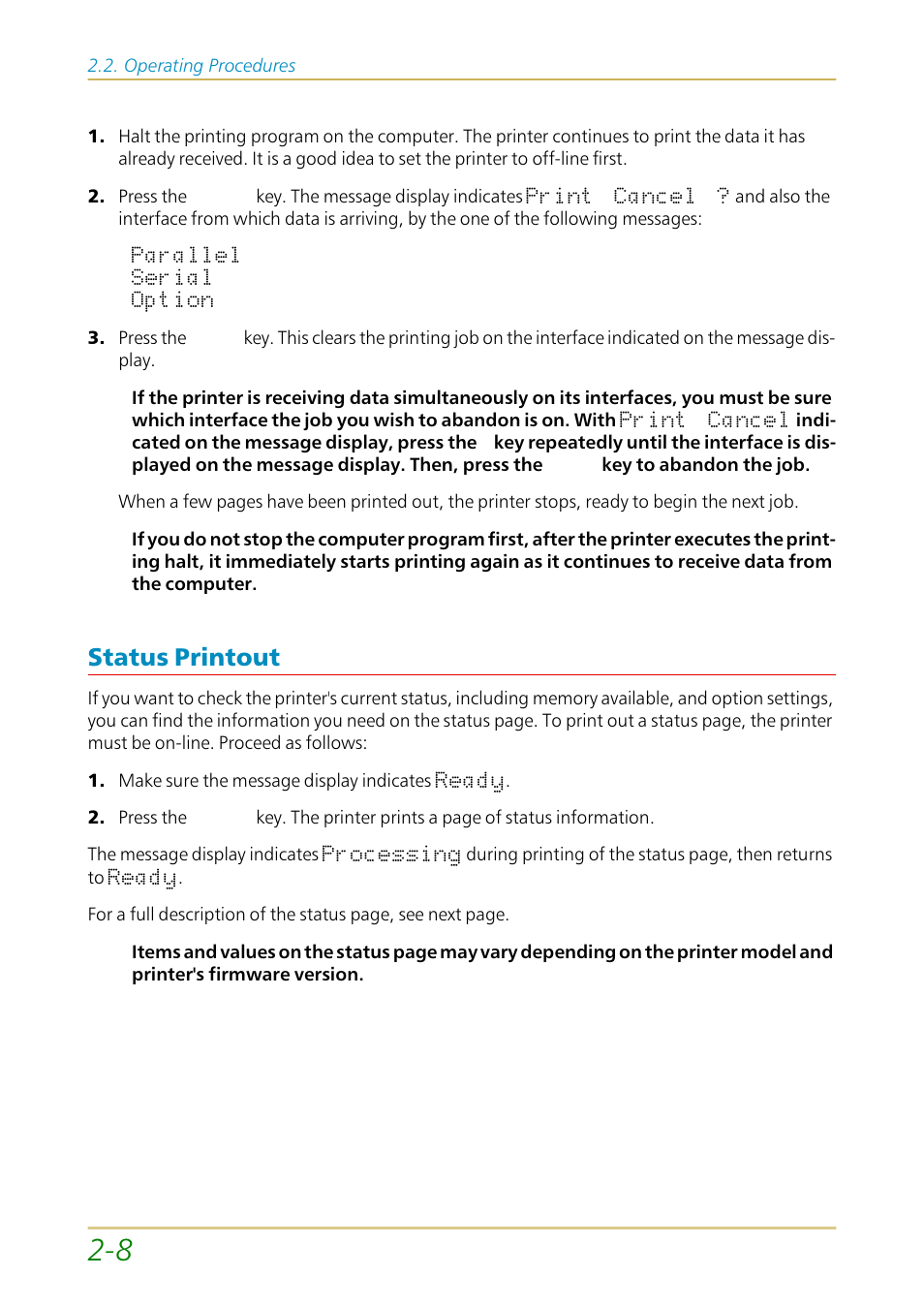 Status printout, Status printout —8 | Kyocera FS-1700 User Manual | Page 55 / 154