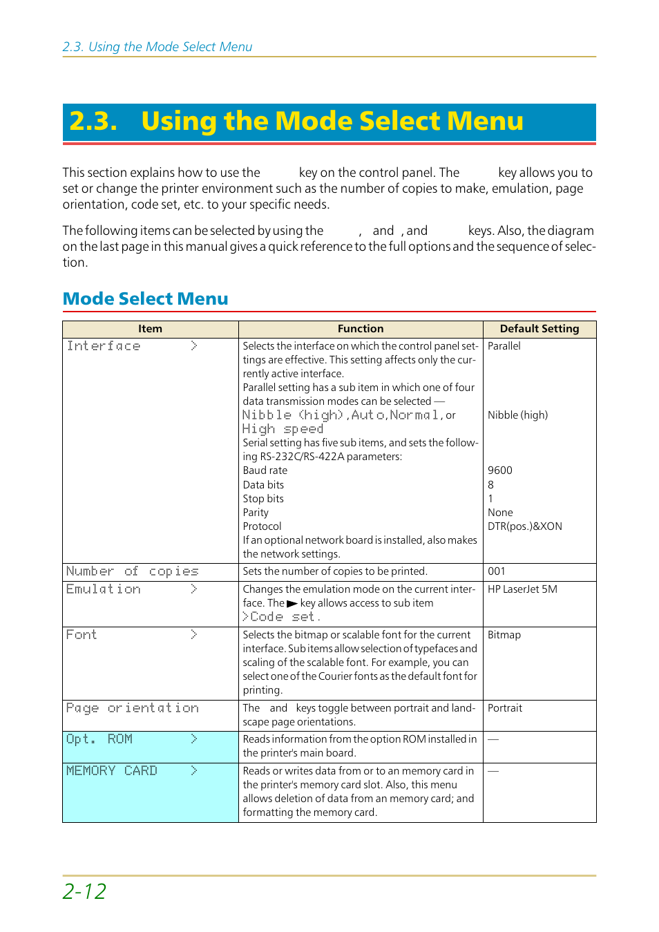 Using the mode select menu, Mode select menu, Mode select menu —12 | Kyocera FS-1700 User Manual | Page 59 / 154