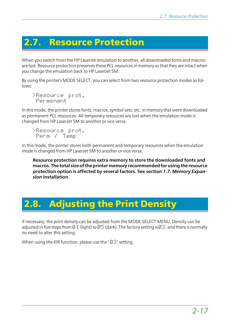 Resource protection, Adjusting the print density | Kyocera FS-1700 User Manual | Page 64 / 154