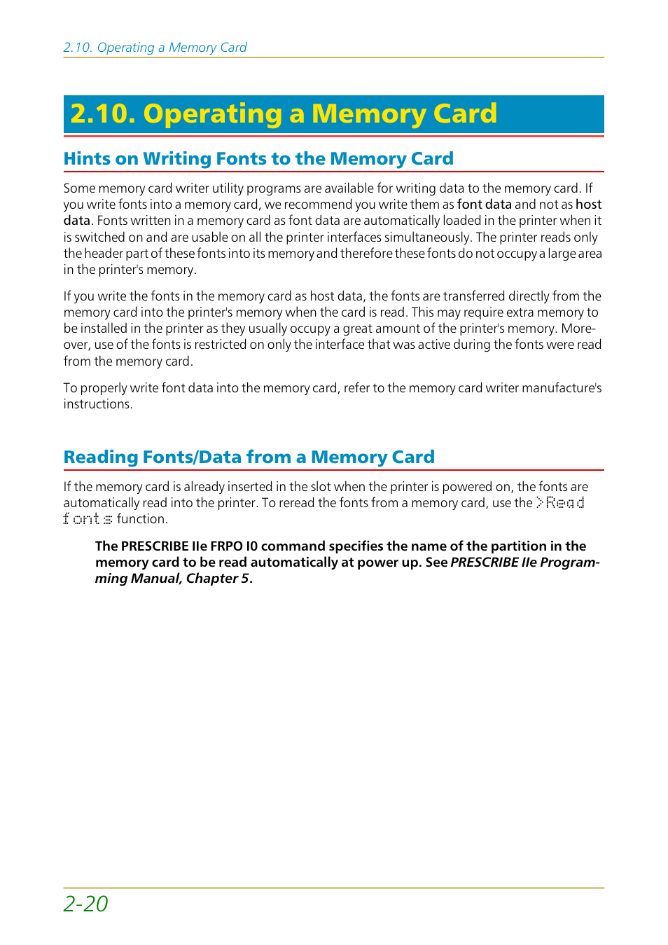 Operating a memory card, Hints on writing fonts to the memory card, Reading fonts/data from a memory card | Kyocera FS-1700 User Manual | Page 67 / 154