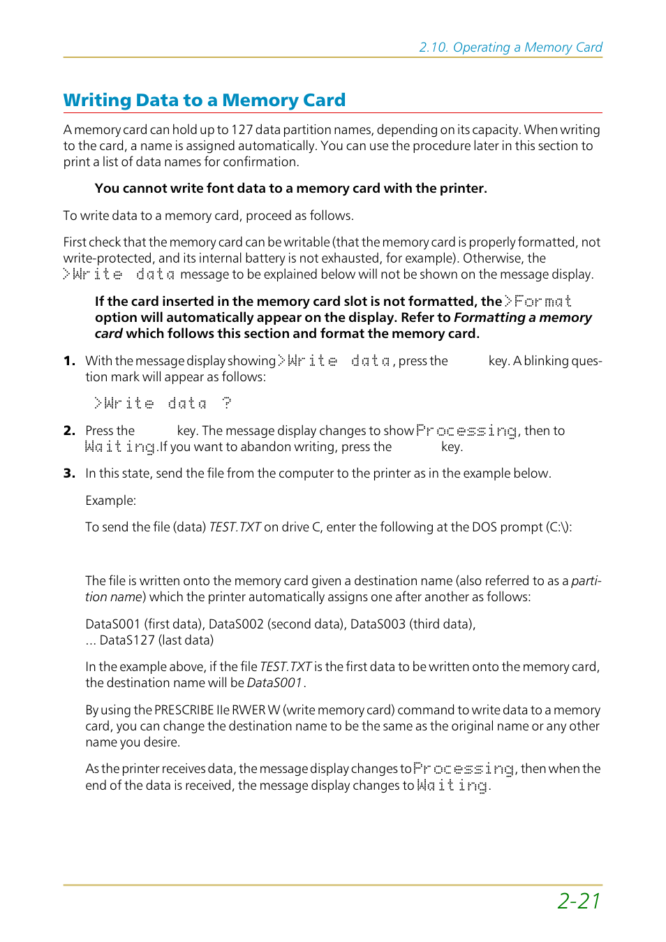 Writing data to a memory card, Writing data to a memory card —21 | Kyocera FS-1700 User Manual | Page 68 / 154