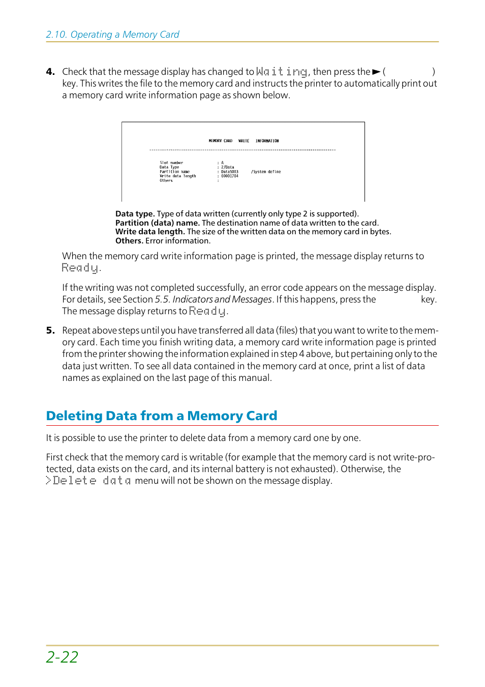 Deleting data from a memory card, Deleting data from a memory card —22 | Kyocera FS-1700 User Manual | Page 69 / 154