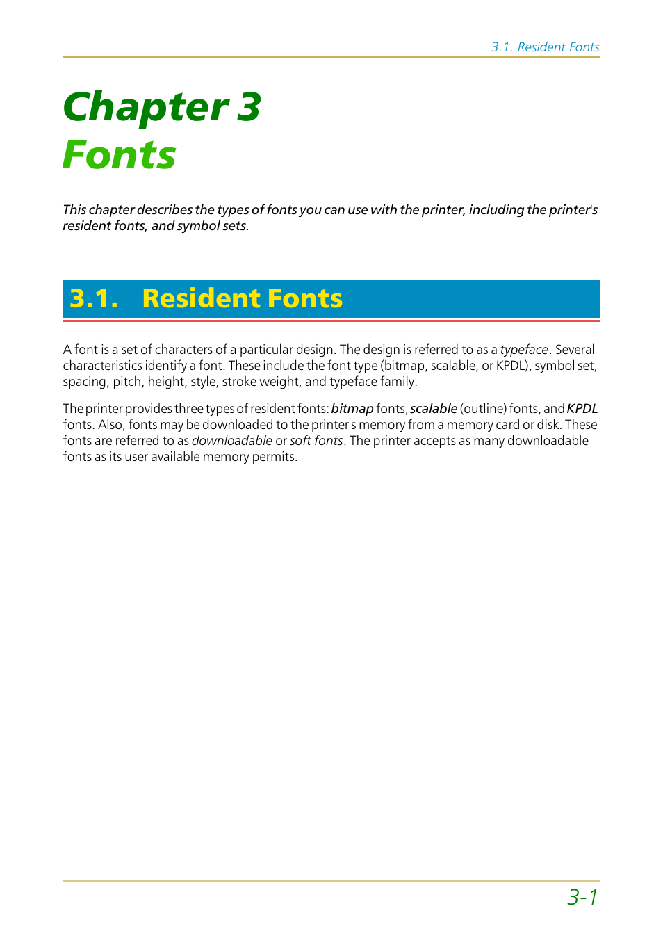 Resident fonts, Chapter 3, Fonts | Chapter 3 fonts | Kyocera FS-1700 User Manual | Page 72 / 154