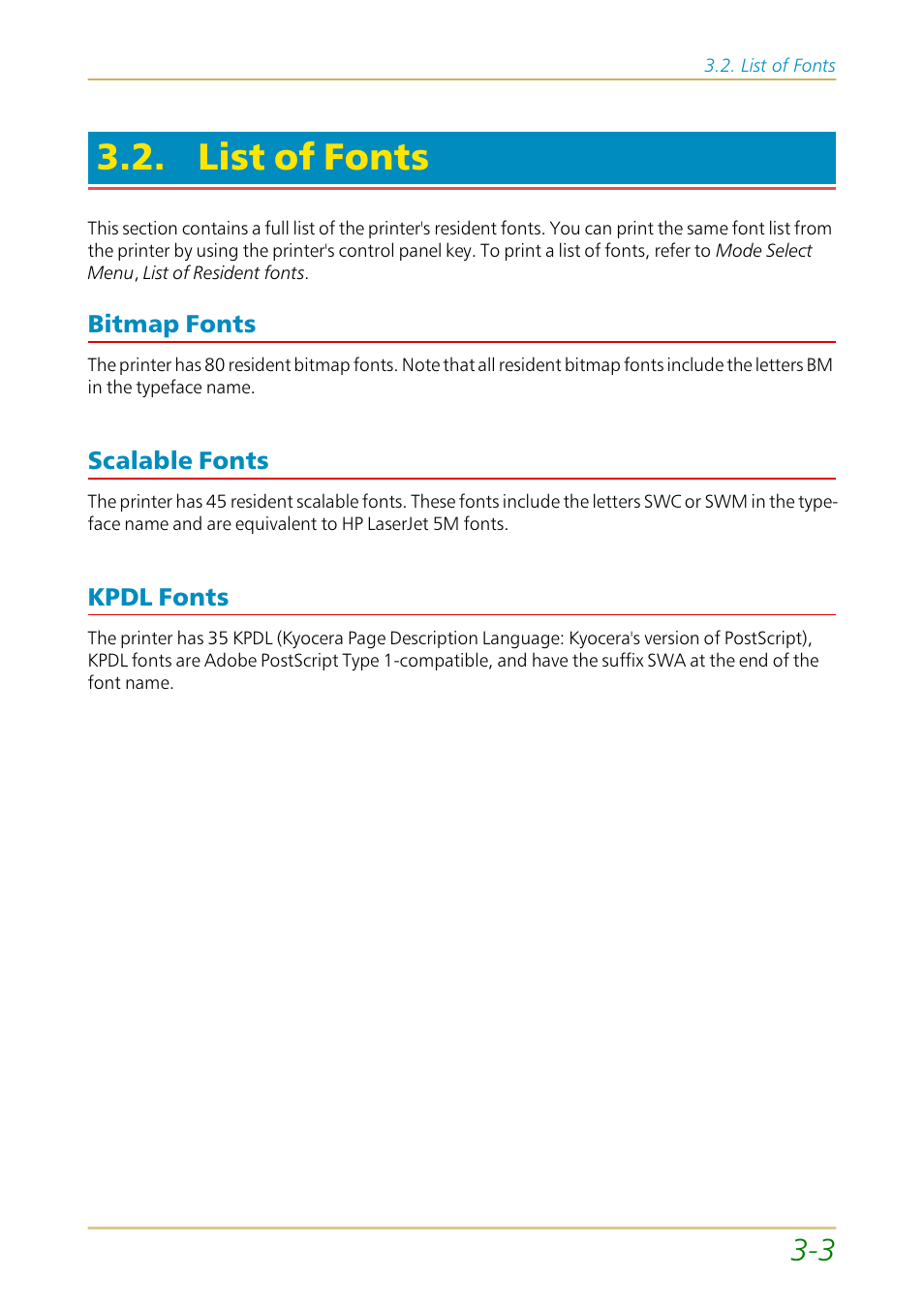 List of fonts, Bitmap fonts, Scalable fonts | Kpdl fonts, Bitmap fonts —3 scalable fonts —3 kpdl fonts —3 | Kyocera FS-1700 User Manual | Page 74 / 154