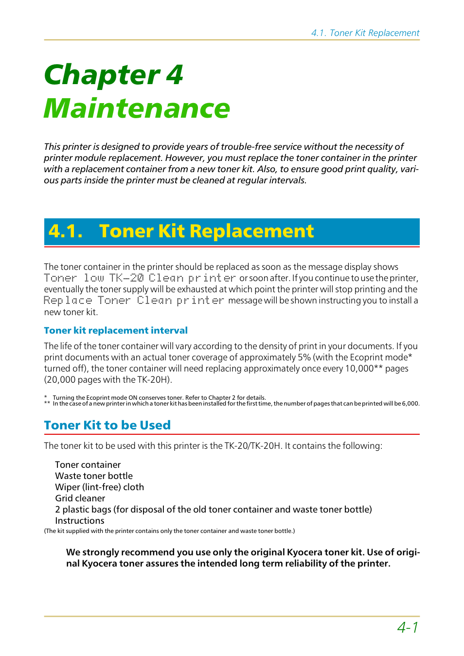 Toner kit replacement, Toner kit to be used, Chapter 4 | Maintenance, Toner kit to be used —1, E section 4.1, Chapter 4 maintenance | Kyocera FS-1700 User Manual | Page 80 / 154