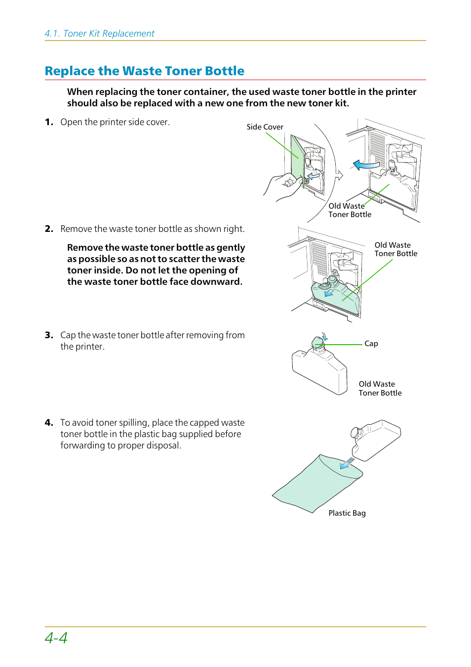 Replace the waste toner bottle, Replace the waste toner bottle —4 | Kyocera FS-1700 User Manual | Page 83 / 154