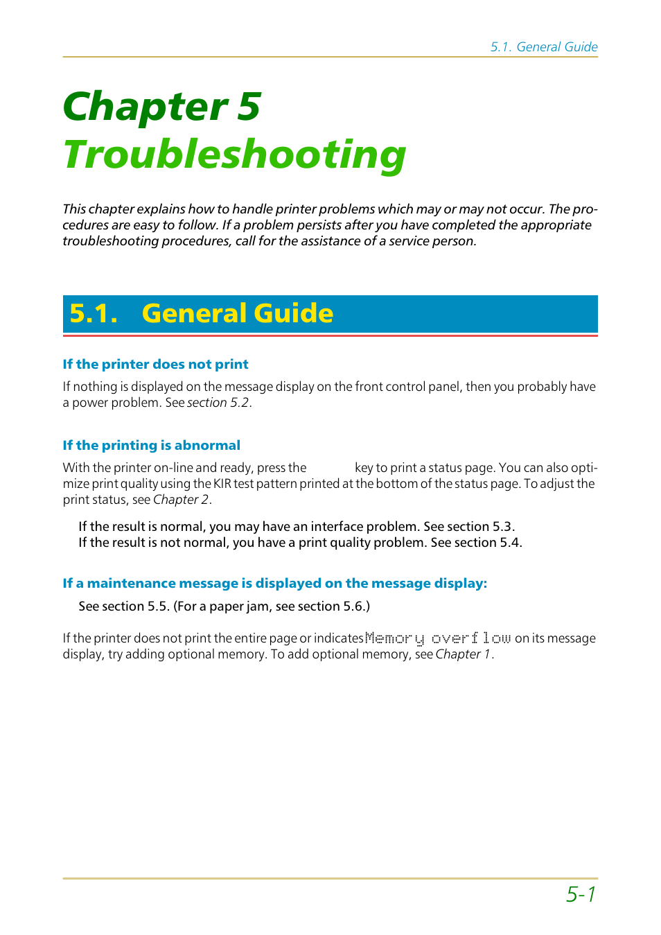 General guide, Chapter 5, Troubleshooting | Chapter 5 troubleshooting | Kyocera FS-1700 User Manual | Page 88 / 154